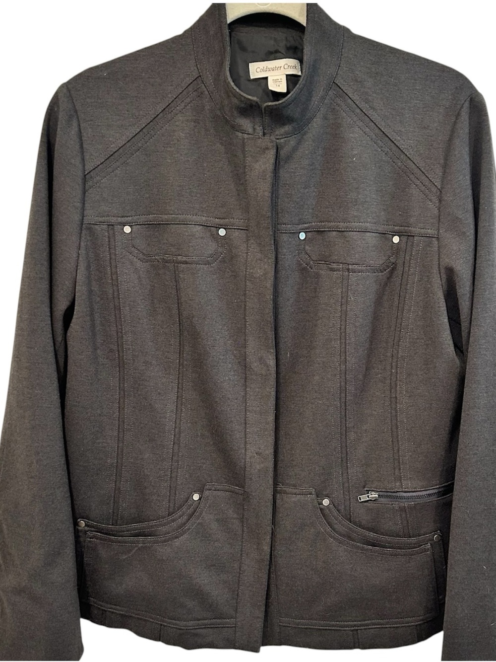 Coldwater Creek Utility Jacket Womens 14 Gray Soft Stretch Structured Pocket